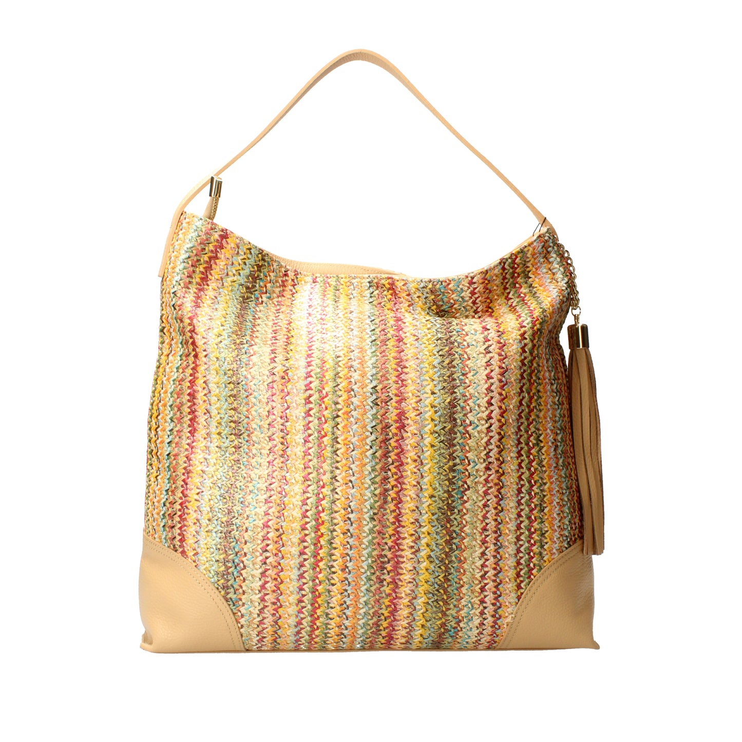 Borsa a spalla multicolor in rafia e pelle con nappina MBRC