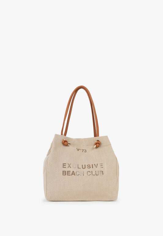 Borsa shopping ecrù effetto canvas e manici cuoio V73