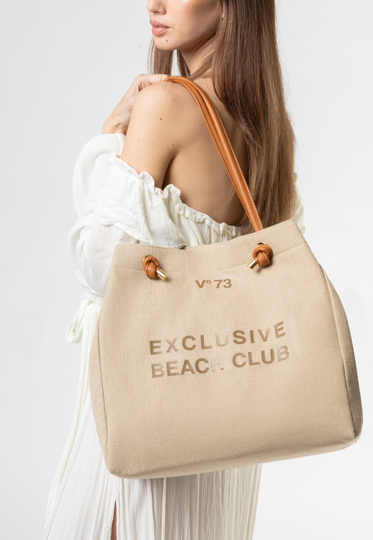 Borsa shopping ecrù effetto canvas e manici cuoio V73