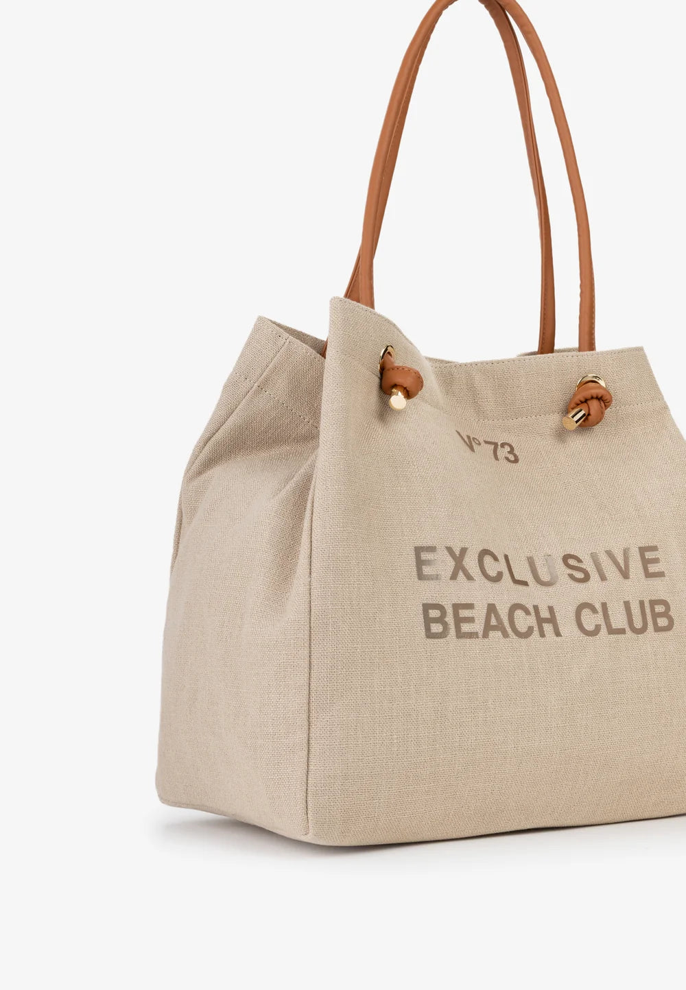 Borsa shopping ecrù effetto canvas e manici cuoio V73