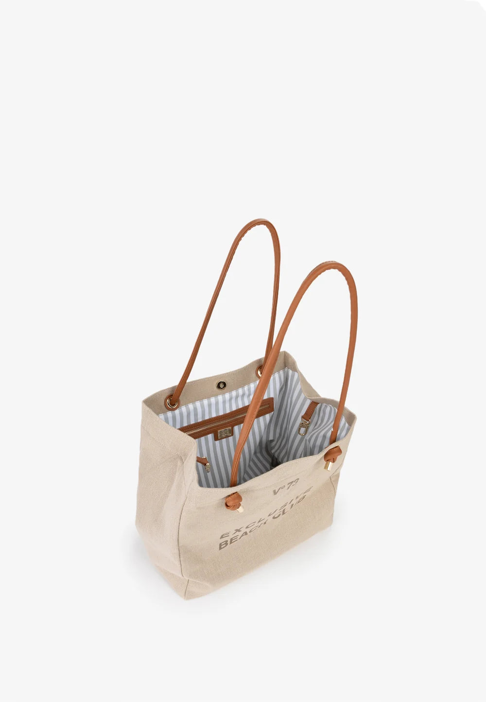 Borsa shopping ecrù effetto canvas e manici cuoio V73