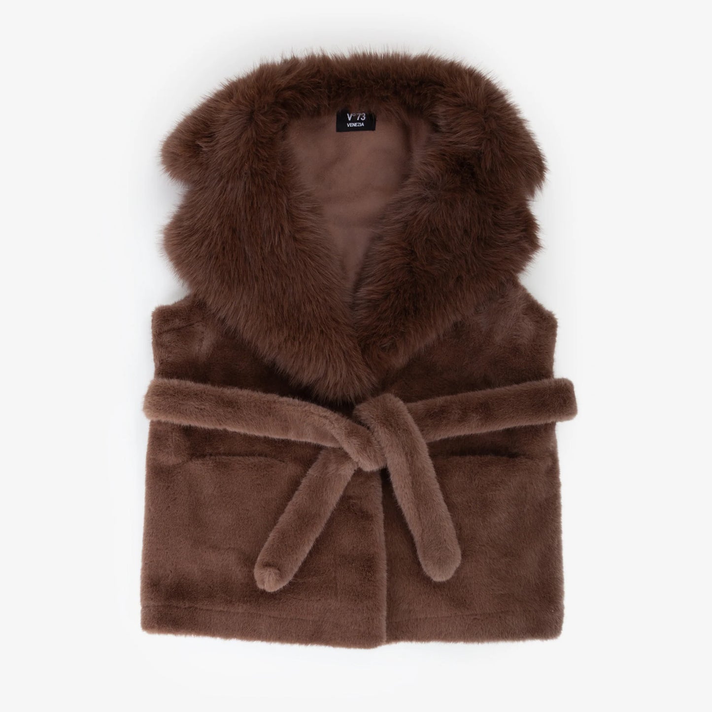 Gilet in ecopelliccia marrone con cintura V73