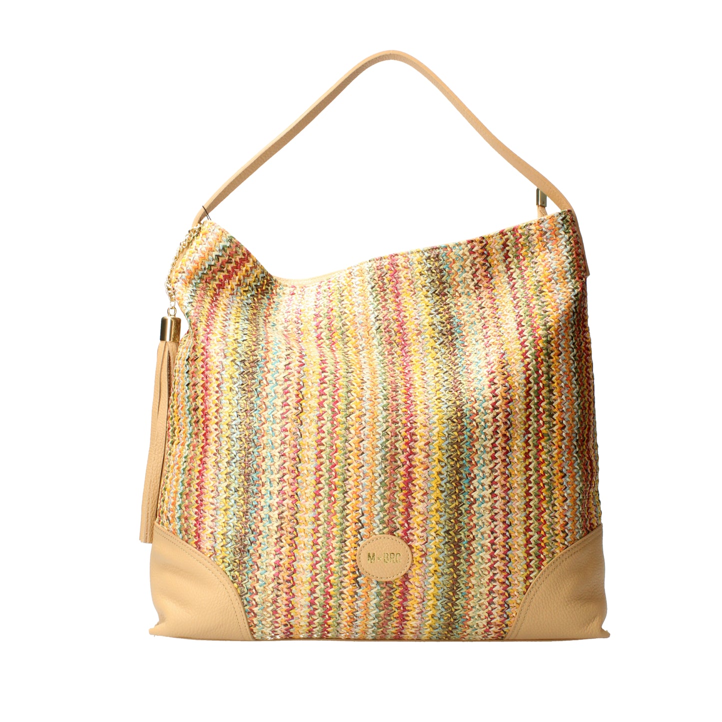 Borsa a spalla multicolor in rafia e pelle con nappina MBRC