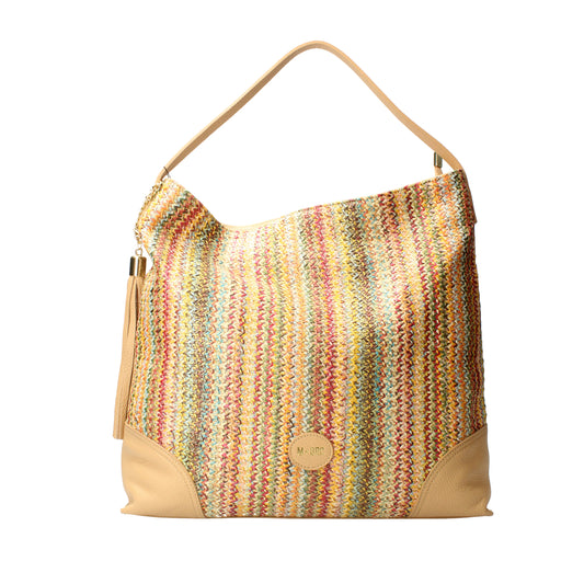 Borsa a spalla multicolor in rafia e pelle con nappina MBRC