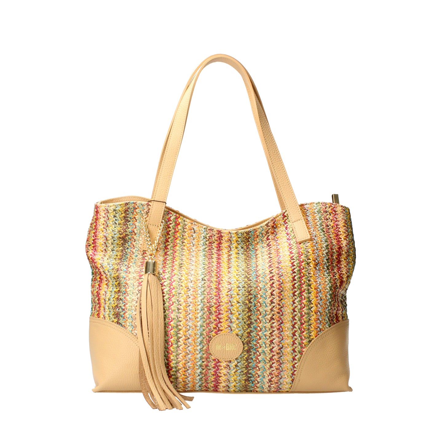 Borsa shopping multicolor in rafia e pelle con nappina MBRC