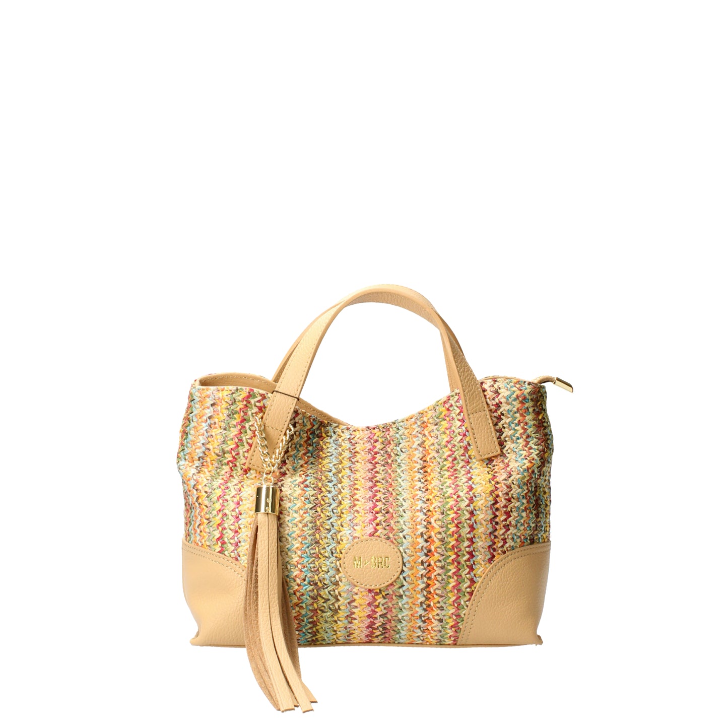 Borsa a mano multicolor in rafia e pelle con nappina MBRC