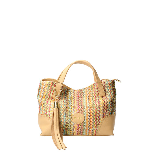 Borsa a mano multicolor in rafia e pelle con nappina MBRC