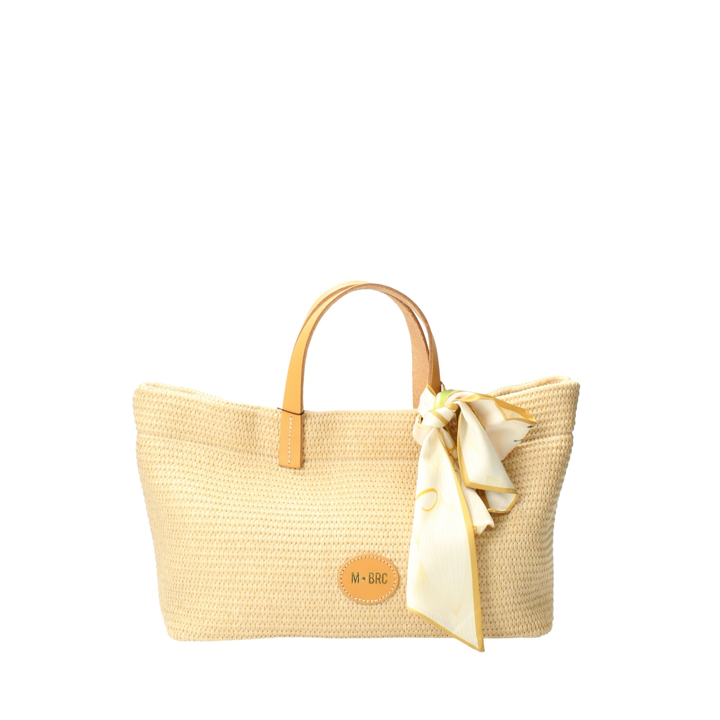 Borsa a mano beige in rafia e pelle con foulard MBRC