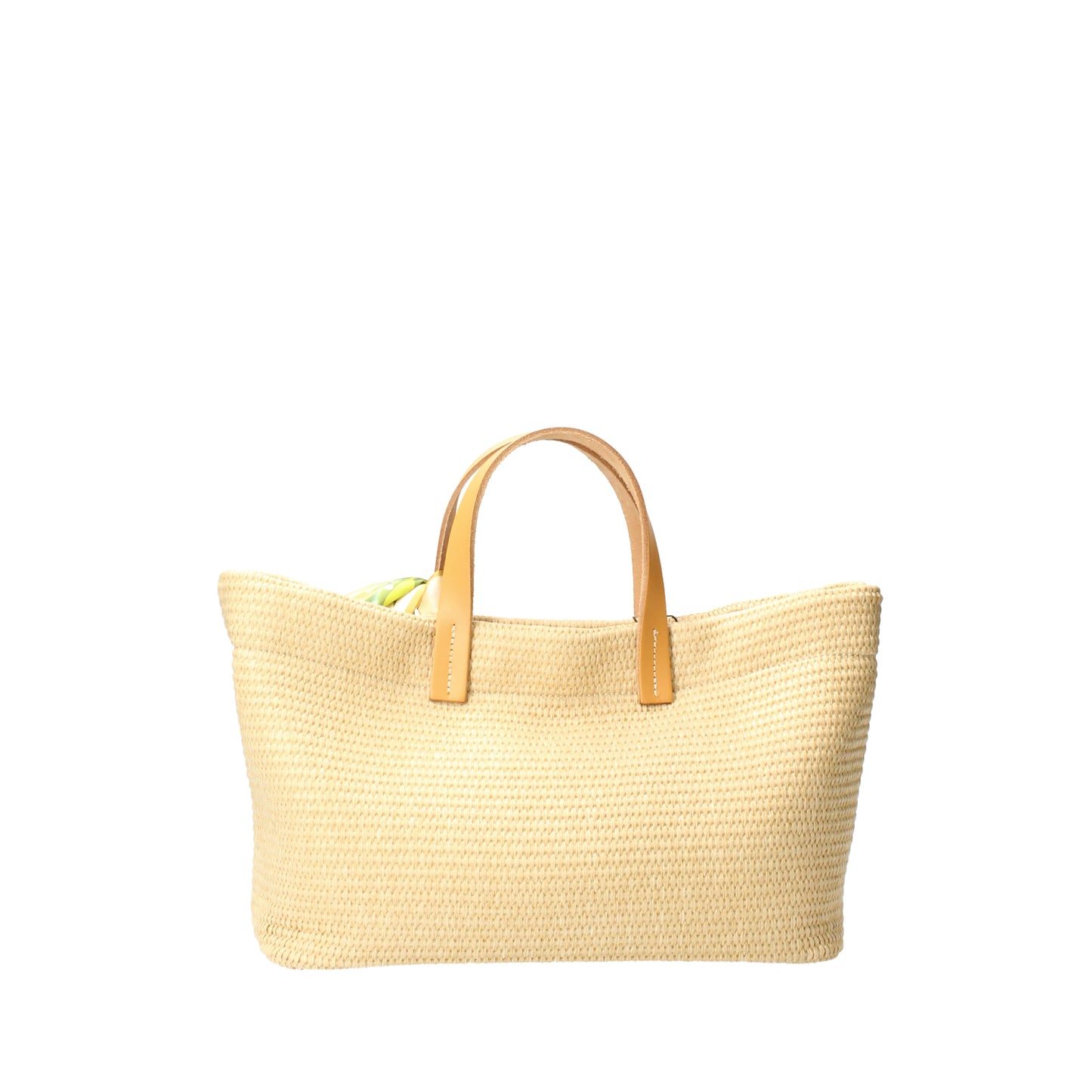 Borsa a mano beige in rafia e pelle con foulard MBRC