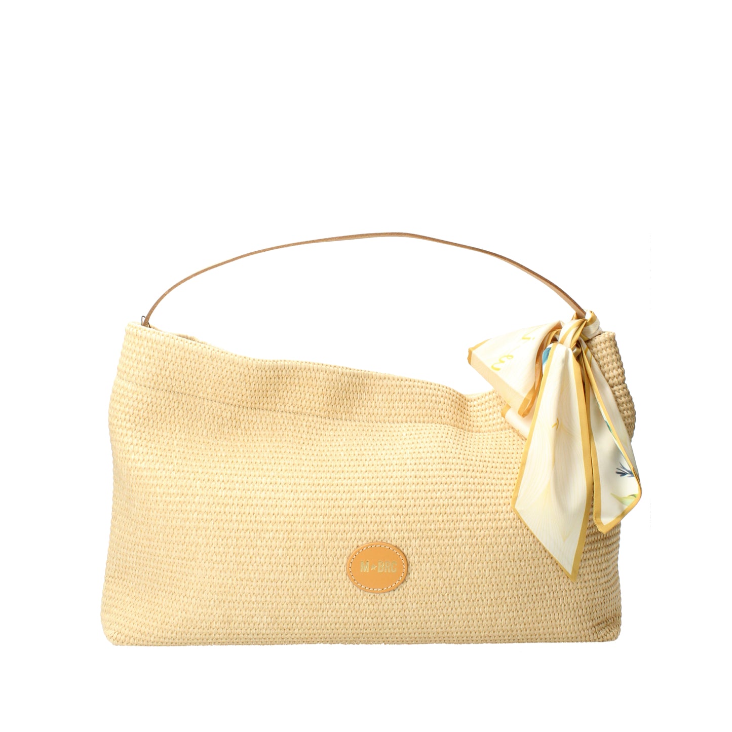 Borsa a spalla beige in rafia con foulard MBRC