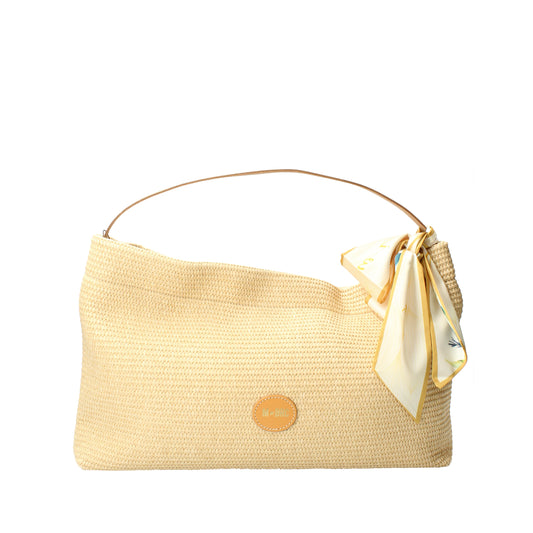Borsa a spalla beige in rafia con foulard MBRC